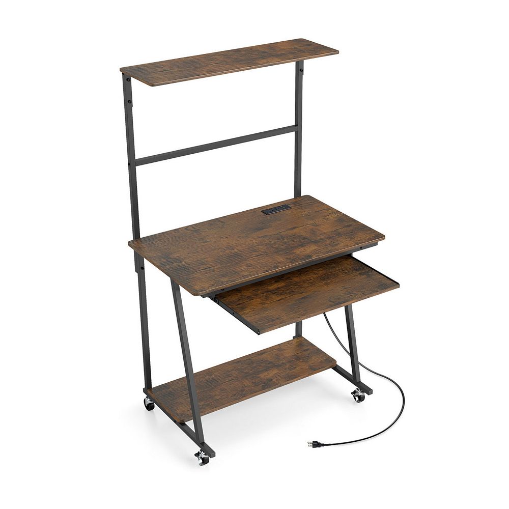 Small Computer Desk with Charging Station and LED Lights, Mobile Office ...