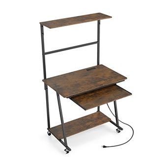 Small Computer Desk with Charging Station and LED Lights, Mobile Office Desk with Keyboard Tray