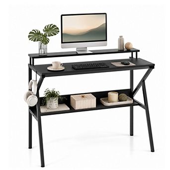 39.5 " Modern Computer Desk with Monitor Stand & Storage Shelf, Small Gaming Desk for Home Office