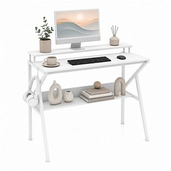 39.5 " Modern Computer Desk with Monitor Stand & Storage Shelf, Small Gaming Desk for Home Office