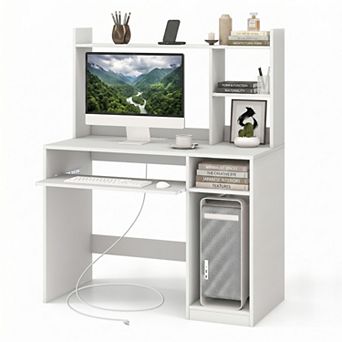 43.5 " Computer Desk with Keyboard Tray and Power Outlets, Home Office Desk with Bookcase