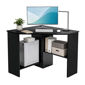 Corner Computer Desk with Charging Station, Triangle Writing Workstation with Storage Shelf