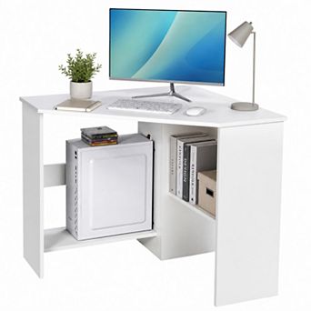 Corner Computer Desk with Charging Station, Triangle Writing Workstation with Storage Shelf
