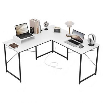 59 inch L-Shaped Desk with USB Power Outlets, 2-Person Reversible Computer Desk with Monitor Stand