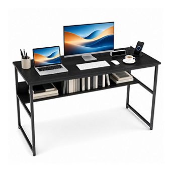 55" Computer Desk with Power Outlets &Shelf,Home Office Desk Writing Desk with Adjustable Foot Pads