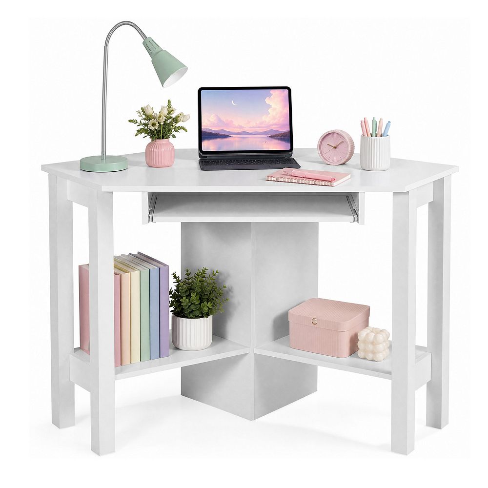 Corner Computer Desk with Keyboard Tray & Open Shelves , Triangle ...