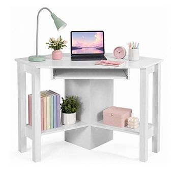Corner Computer Desk with Keyboard Tray & Open Shelves , Triangle Writing Table Workstation