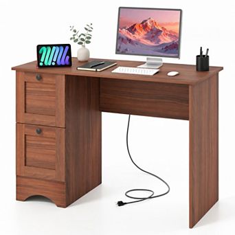 43" Computer Desk with Power Outlets & 2 Drawers, Writing Studying Working Desk for Home Office