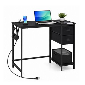 38" Computer Desk with Charging Station & 2 Fabric Drawers,Home Office Desk Writing Desk