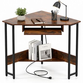 Triangle Computer Desk with Charging Station & Keyboard Tray, Corner Desk, Writing desk