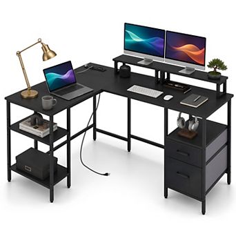 Reversible L Shaped Desk with Power Outlet & 2 Fabric Drawers， Computer Desk with Open Shelf