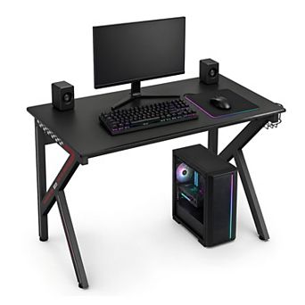 K-Shaped Gaming Desk with Cup Holder & Headphone , Black Computer Desk for Adults
