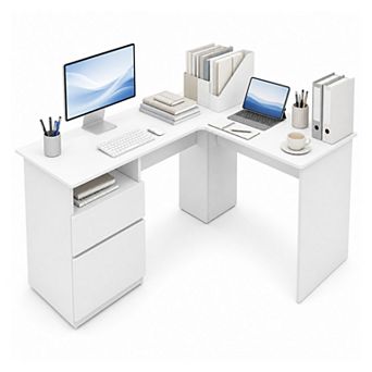 59" L Shape Desk with Letter File Drawer & Open Shelf, Modern Computer Desk for Home Office