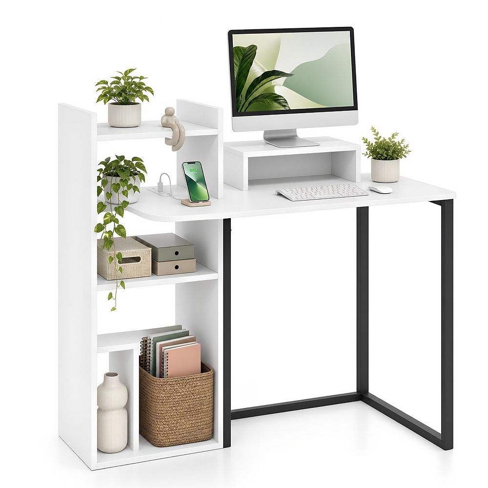 43.5 in Computer Desk with Storage Shelves & Charging Station, Wood ...