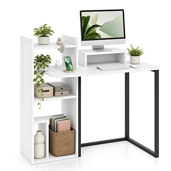 43.5 in Computer Desk with Storage Shelves & Charging Station, Wood Home Office Desk