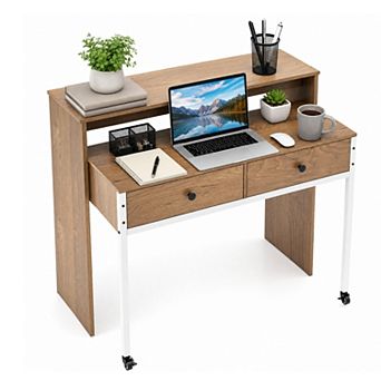 Extendable Computer Desk with 2 Drawers, Home Office Desk with Pull Out Secondary Desk