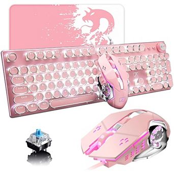 Typewriter Keyboard & Mouse - White LED Backlit, Round Keycaps, 104 Keys Blue Switch Wired Keyboard