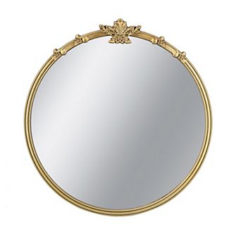 TOEMOA Round Wall Mirror with Decorative Leaf Crest and Gold Finish Accent