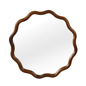 TOEMOA 30 Inch Wavy Round Solid Wood Frame Decorative Wall Mirror