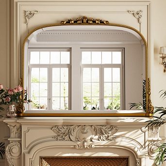 Antique 44 in W x 32 in H Carved Arched PU Frame Vanity Wall Mirror