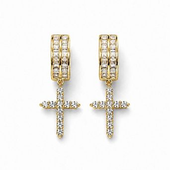 PORI JEWELERY 925 Sterling Silver CZ Cross Huggie Hoop Earrings 5X13mm