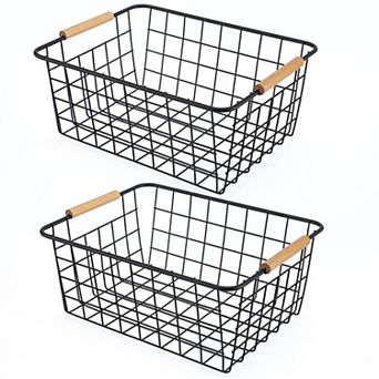 Black 2 Wire Wooden Handle Metal Storage Baskets For Kitchen Pantry Organization Stackable