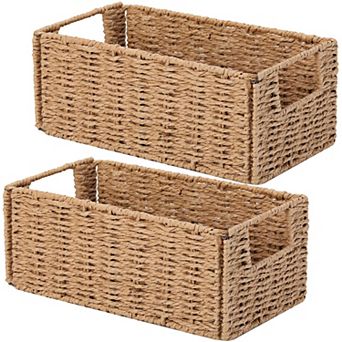 Set of 2 Handwoven Paper Rope Storage Baskets Foldable Organizer Bins with Handles