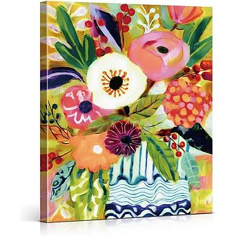 Vintage Colorful Flowers Wall Art Framed Canvas Print, Vibrant Botanical Decor for Home