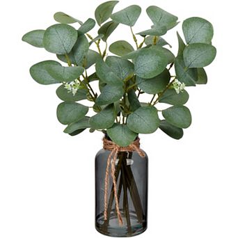 14" Artificial Eucalyptus Stems in Glass Vase with Faux Water, for Home Office Farmhouse Wedding