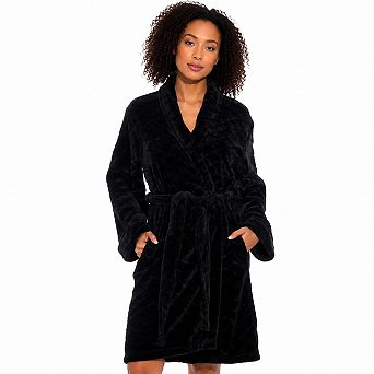 Women's Plush Fleece Shawl Collar Jacquard Bathrobe With Tie Belt
