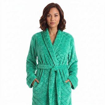 Women's Plush Fleece Shawl Collar Jacquard Bathrobe With Tie Belt