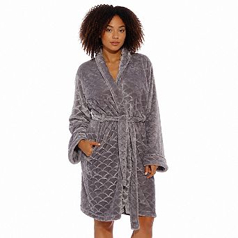 Women's Plush Fleece Shawl Collar Jacquard Bathrobe With Tie Belt