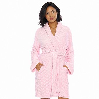 Women's Plush Fleece Shawl Collar Jacquard Bathrobe With Tie Belt