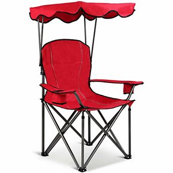 Costway Folding Camping Chair with Canopy, Cup Holder, Ergonomic Armrest, Solid Steel Frame