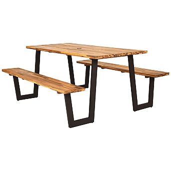 Costway Patented Picnic Table w/ 2 Benches 70'' Dining Table Set w/ Seats & Umbrella Hole Patented