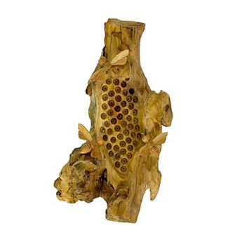 Wood Beehive Wall Sculpture Natural Finish With 3 Removable Bees