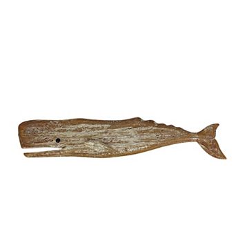 Wood Whale Wall Sculpture Coastal Whitewashed 29 in Hanging Decor Art