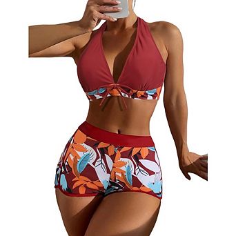 Women's 2 pc Floral Tropical Botanical Print Swimsuit Swimwear Set