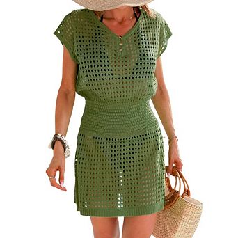 Women Button Up V Neck Short Sleeve Swim Cover Up