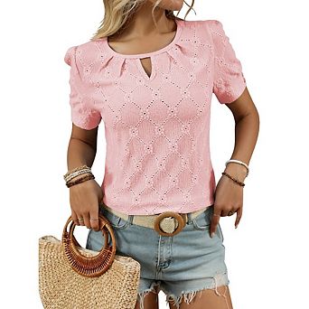 Women's Eyelet Embroidered Puff‑Sleeve Keyhole Blouse Top