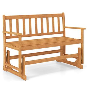 Acacia Wood Porch Glider Bench with Slatted Seat and Back for Outdoor Seating