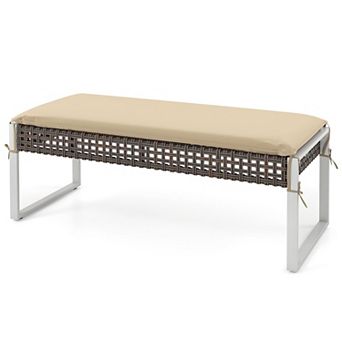Outdoor Wicker Ottoman Bench with Cushion, Rattan Footrest and Table for Patio