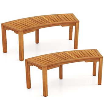 Set of 2 Backless Curved Outdoor Garden Bench with Acacia Wood Seat for Patio and Porch