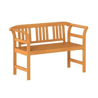 Acacia Wood Patio Bench with Geometric Backrest, Outdoor Porch Garden Furniture