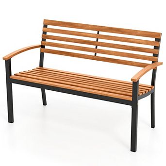 Acacia Wood Outdoor Patio Bench with Curved Backrest for Backyard Relaxing Seating