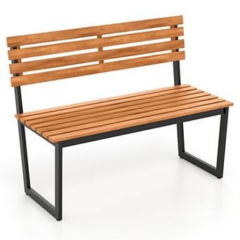 Wooden Outdoor Garden Bench with Angled Backrest and Wide Seat for Porch Patio