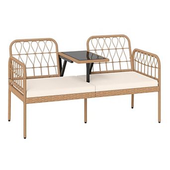 2 Person Outdoor Patio Loveseat with Coffee Table, Rattan Garden Furniture Set