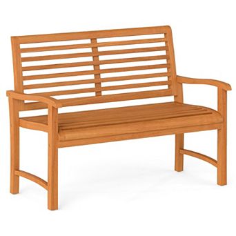 Teak Wood Patio Bench with Slatted Seat Curved Back Outdoor Furniture