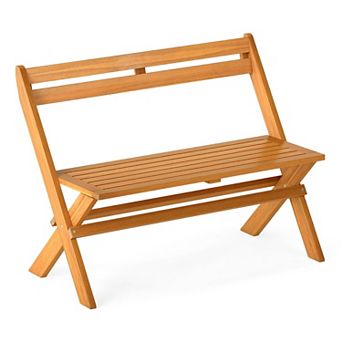 Folding Acacia Wood Garden Bench with Backrest, Outdoor Deck Porch Loveseat