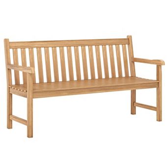 Teak Wood Patio Bench with Curved Armrests and Angled Backrest for Porch Garden